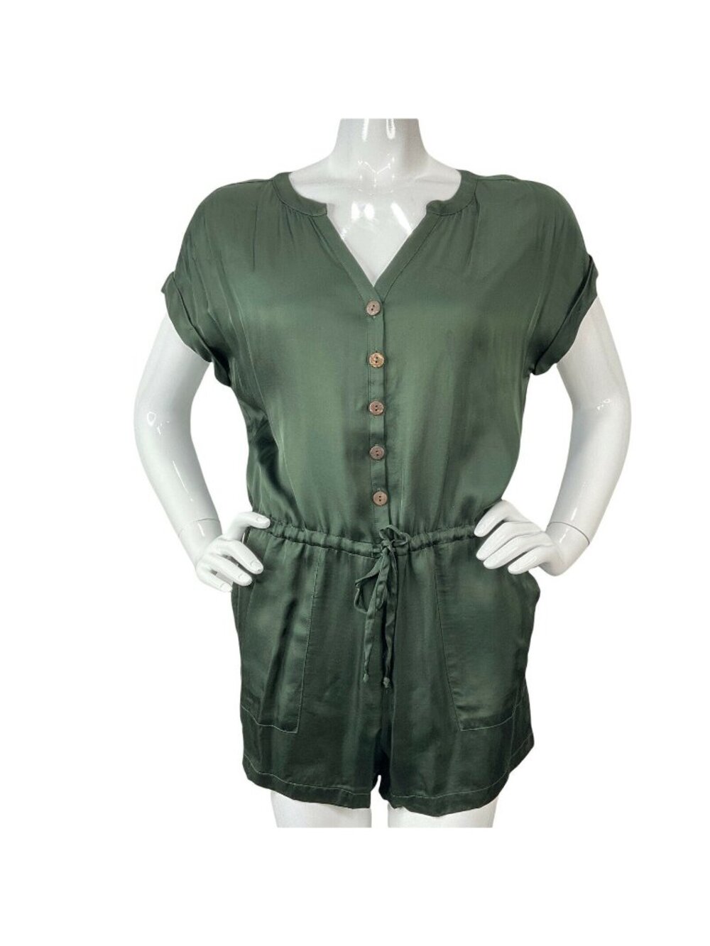 Chaser Romper Womens Size M Green Silky Feel Drawstring Shorts Button Up Nwt $88